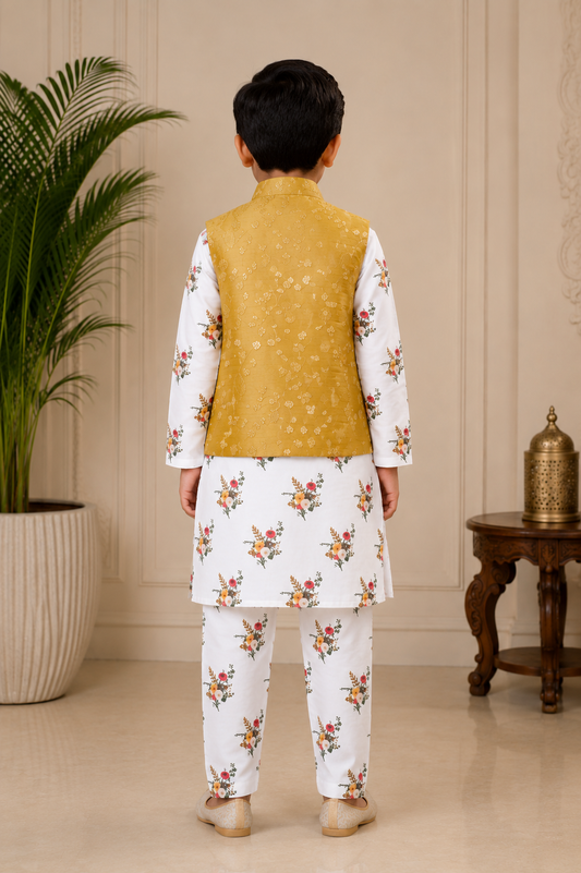 Embroidered Bandi with Flower Print kurta and Pajama