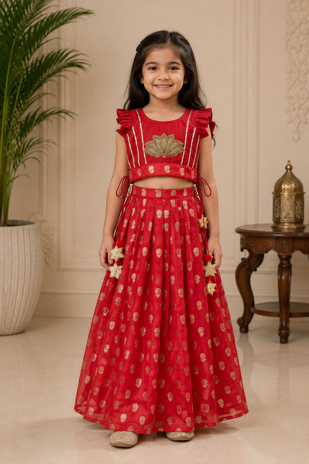 Lotus Embroidered Top with Pleated Lehenga