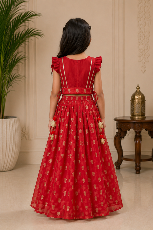 Lotus Embroidered Top with Pleated Lehenga