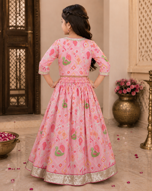 Pretty Pink Printed Crop Top & Full-Length Lehenga Set| Embroidered Top & Organza Dupatta | Kirti Agarwal