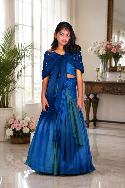 Elegant Ombre Blue Crop Top with Attached Organza Cape & Flared Lehenga Set