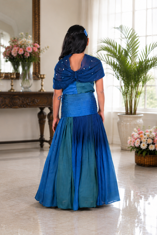 Elegant Ombre Blue Crop Top with Attached Organza Cape & Flared Lehenga Set
