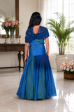 Elegant Ombre Blue Crop Top with Attached Organza Cape & Flared Lehenga Set