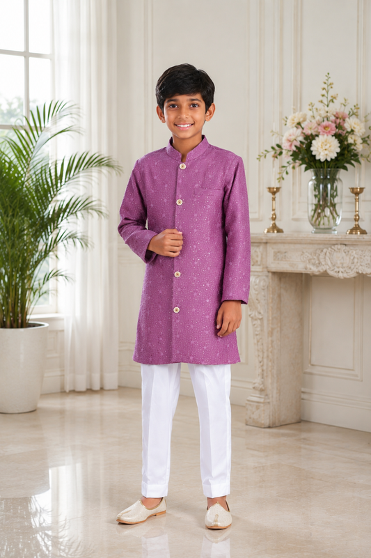 Mauve Lucknawi Print Chanderi Silk Jacket with White Elasticated Pants for Boys