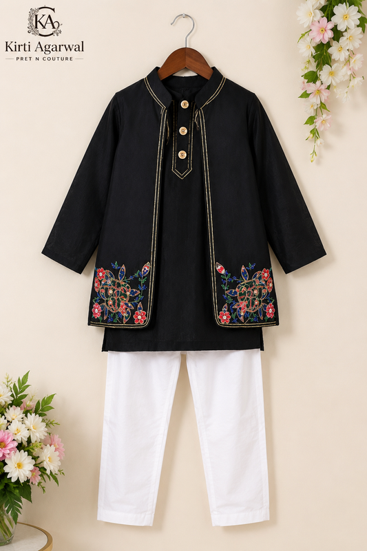 Handwork Embroidered Black Chanderi Silk Kurta Set with Jacket & White Pyjama