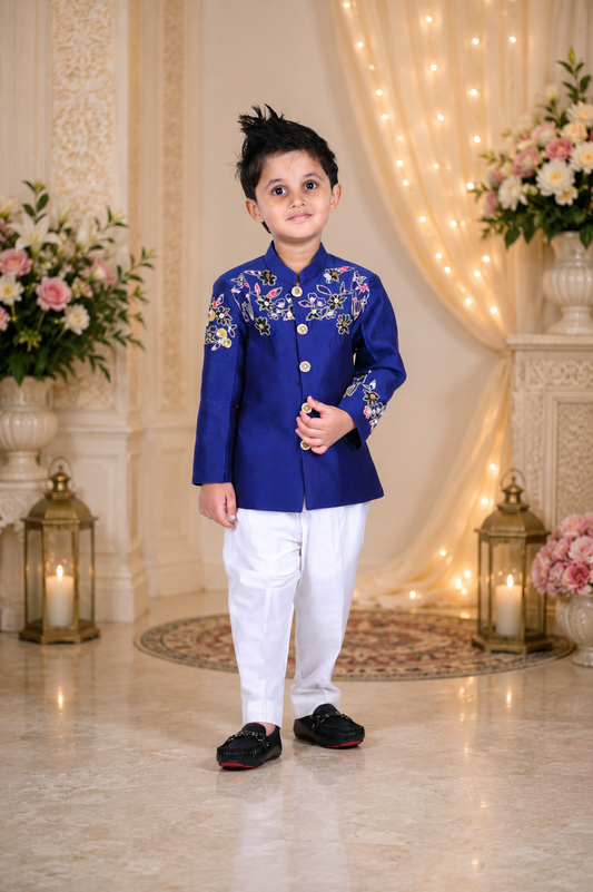 Heavy Handwork Embroidered Royal Blue Chanderi Silk Jacket Set with White Pants