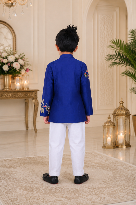 Heavy Handwork Embroidered Royal Blue Chanderi Silk Jacket Set with White Pants