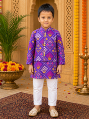 Boys Purple Silk Kurta Set with Jacket & White Elasticated Pyjama