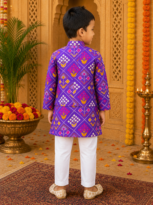 Boys Purple Silk Kurta Set with Jacket & White Elasticated Pyjama