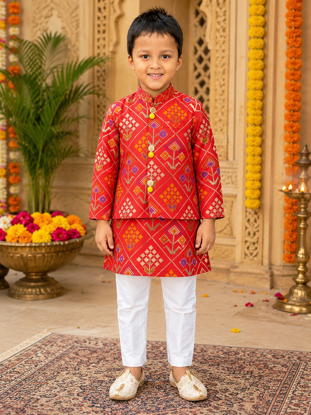 Vibrant Red Silk Kurta with Matching Jacket and White Pyjama