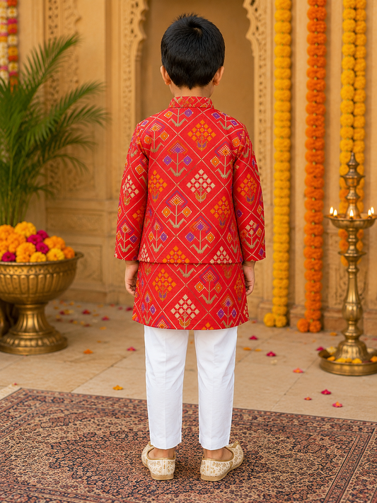 Vibrant Red Silk Kurta with Matching Jacket and White Pyjama