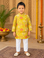 Green Silk Kurta Set with Attached Jacket & White Elasticated Pyjama