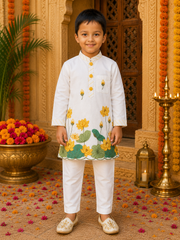 Yellow Lotus Chanderi print outfits for boys and Girls.