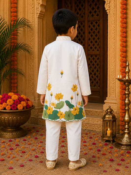 Boys Lotus Embroidered Kurta Set with Elasticated Pyjama