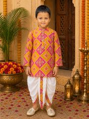 Vibrant Pink & Yellow Silk Kurta with White Elasticated Dhoti
