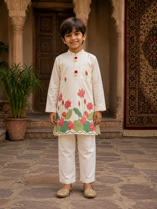 Elegant Ivory Lotus Print Chanderi Silk Kurta Set with Comfortable Elasticated Pyjama.