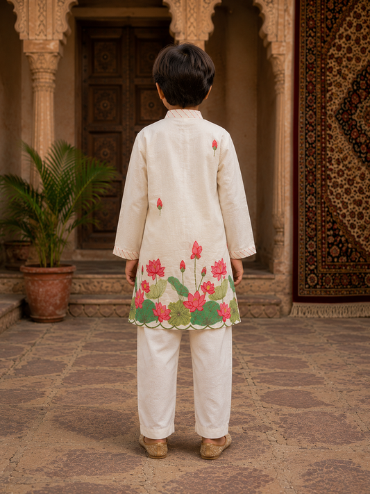 Elegant Ivory Lotus Print Chanderi Silk Kurta Set with Comfortable Elasticated Pyjama.