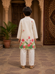 Elegant Ivory Lotus Print Chanderi Silk Kurta Set with Comfortable Elasticated Pyjama.