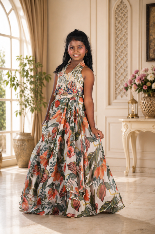 Floral Organza Georgette Lehenga Set with Hand-Embroidered Halter Blouse.