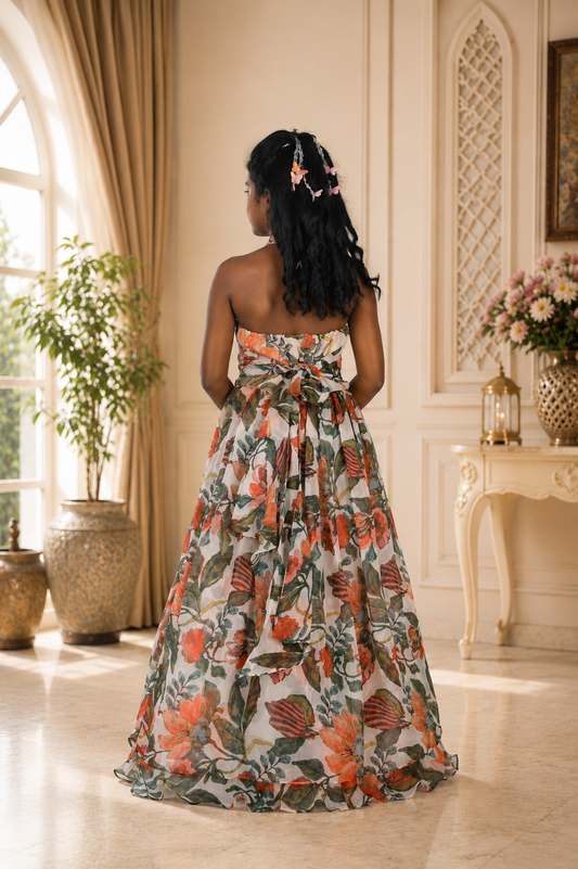 Floral Organza Georgette Lehenga Set with Hand-Embroidered Halter Blouse.