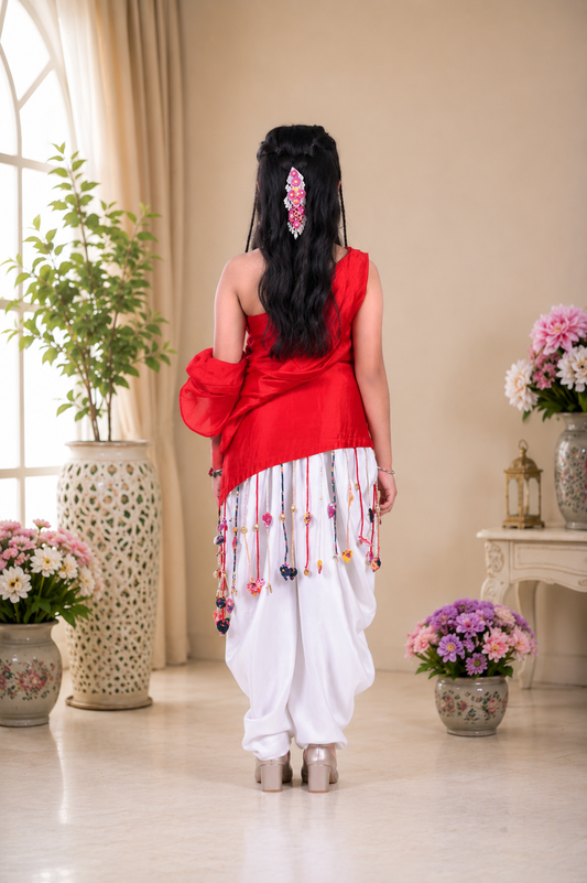 Red Embroidered One-Shoulder Dhoti Set with Handcrafted Tassel Detailing