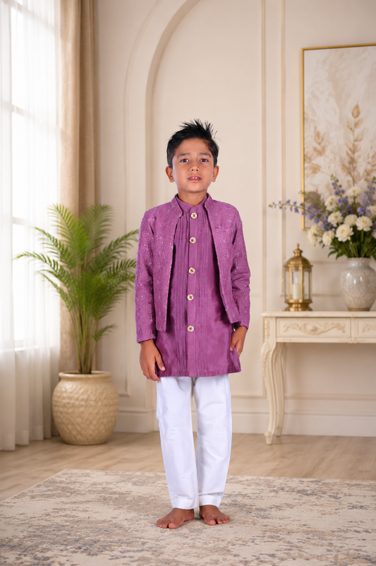Elegant mauve kurta set with an embroidered jacket and classic white pyjama | Designer Kids Ethnic Wear | Kirti Agarwal