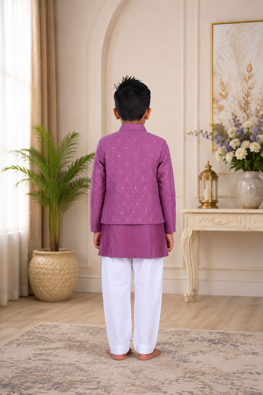 Elegant mauve kurta set with an embroidered jacket and classic white pyjama | Designer Kids Ethnic Wear | Kirti Agarwal