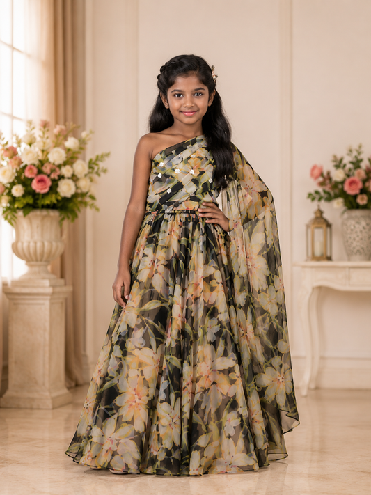 Black Floral Organza Georgette One-Shoulder Lehenga Set with Attached Drape.