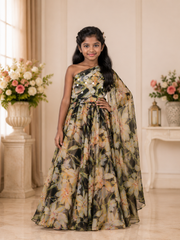 Black Floral Organza Georgette One-Shoulder Lehenga Set & Floral Organza Georgette Lehenga Set with Hand-Embroidered Halter Blouse
