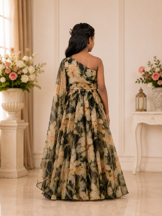 Black Floral Organza Georgette One-Shoulder Lehenga Set with Attached Drape.