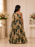 Black Floral Organza Georgette One-Shoulder Lehenga Set with Attached Drape.