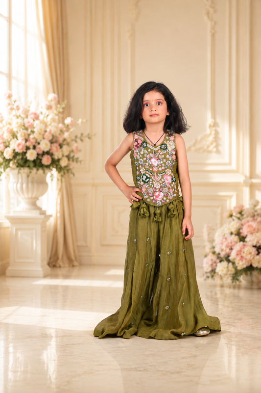 Elegant Chanderi Silk Embroidered Palazzo Set with Floral Handwork & Statement Tassels