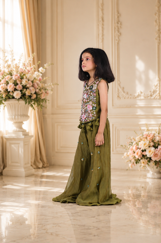 Elegant Chanderi Silk Embroidered Palazzo Set with Floral Handwork & Statement Tassels