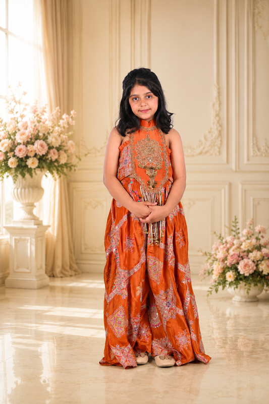 Rust Orange Embroidered Crop Top with Statement Tassels and Printed Floor-Length Palazzo Set