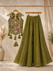 Elegant Chanderi Silk Embroidered Palazzo Set with Floral Handwork & Statement Tassels