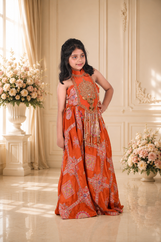 Rust Orange Embroidered Crop Top with Statement Tassels and Printed Floor-Length Palazzo Set