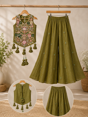Elegant Chanderi Silk Embroidered Palazzo Set with Floral Handwork & Statement Tassels