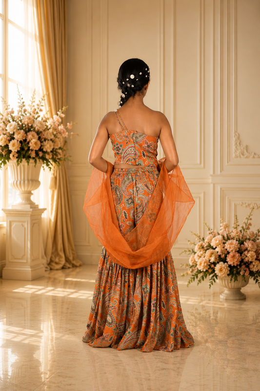 Rust Orange Paisley Printed One-Shoulder Sharara Set with Organza Cape Sleeves and Matching Potli Bag.