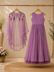 Elegant Mauve Flared Gown with Intricately Embroidered Organza Cape