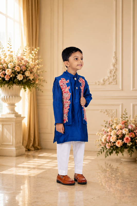 Regal royal blue kurta set with an intricately embroidered jacket | Designer Kids Ethnic Wear | Kirti Agarwal