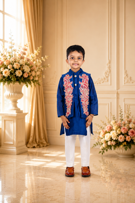 Regal royal blue kurta set with an intricately embroidered jacket | Designer Kids Ethnic Wear | Kirti Agarwal