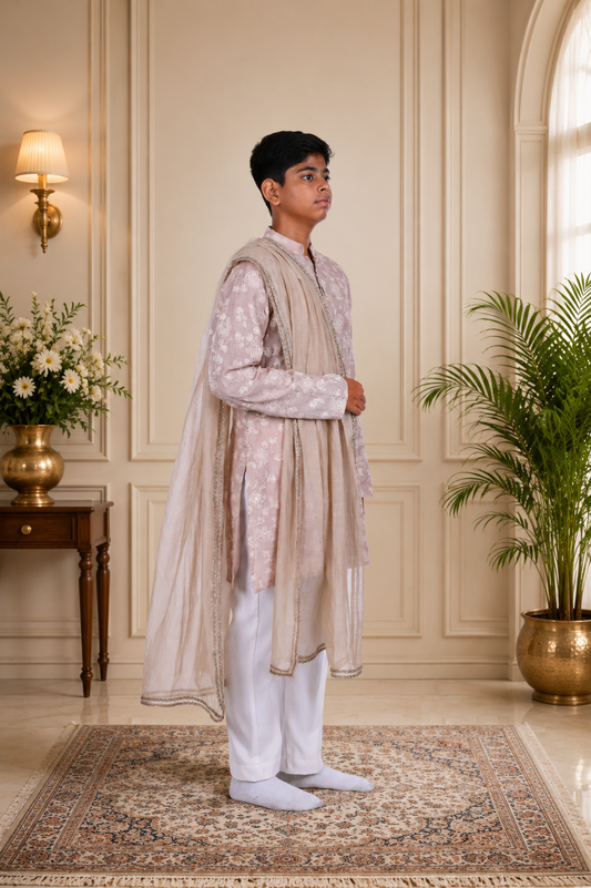 Beige embroidered kurta set featuring a graceful dupatta.| Designer Kids Ethnic Wear | Kirti Agarwal