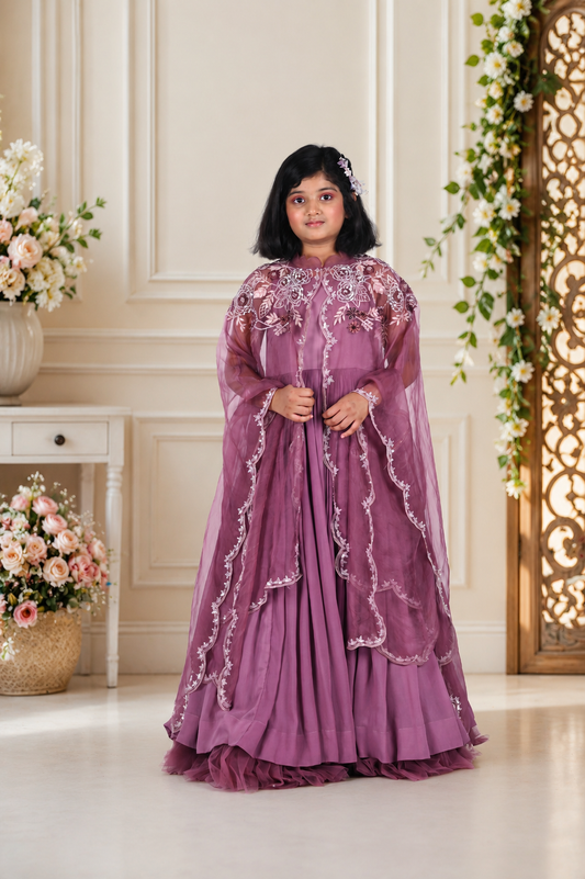 Elegant Mauve Flared Gown with Intricately Embroidered Organza Cape