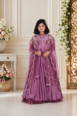 Elegant Mauve Flared Gown with Intricately Embroidered Organza Cape