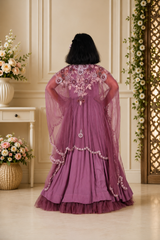 Elegant Mauve Flared Gown with Intricately Embroidered Organza Cape