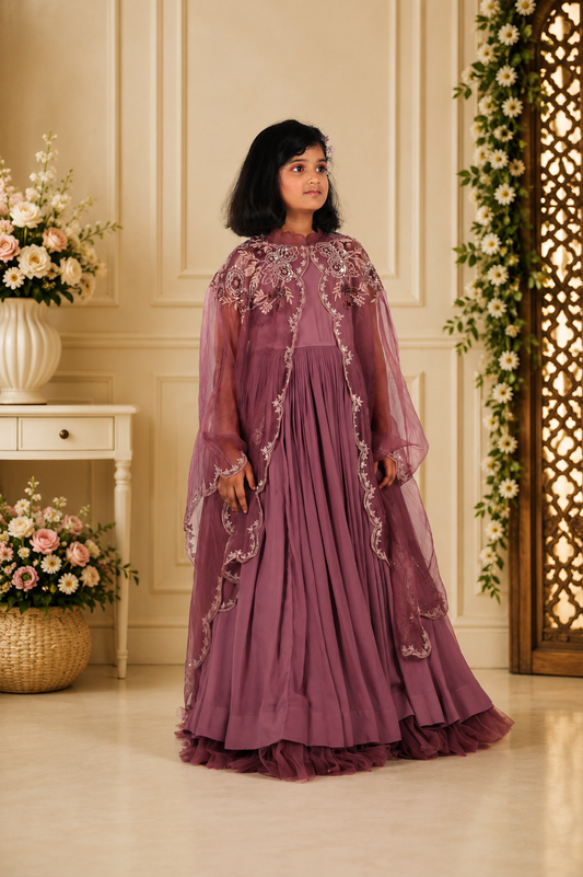 Elegant Mauve Flared Gown with Intricately Embroidered Organza Cape