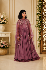 Elegant Mauve Flared Gown with Intricately Embroidered Organza Cape