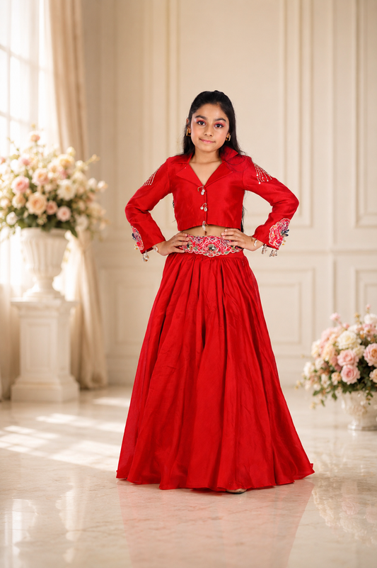 Luxurious Pure Chanderi Silk 3-Piece Lehenga Set with Embroidered Waist Belt.