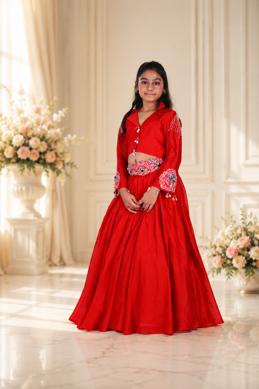 Luxurious Pure Chanderi Silk 3-Piece Lehenga Set with Embroidered Waist Belt.