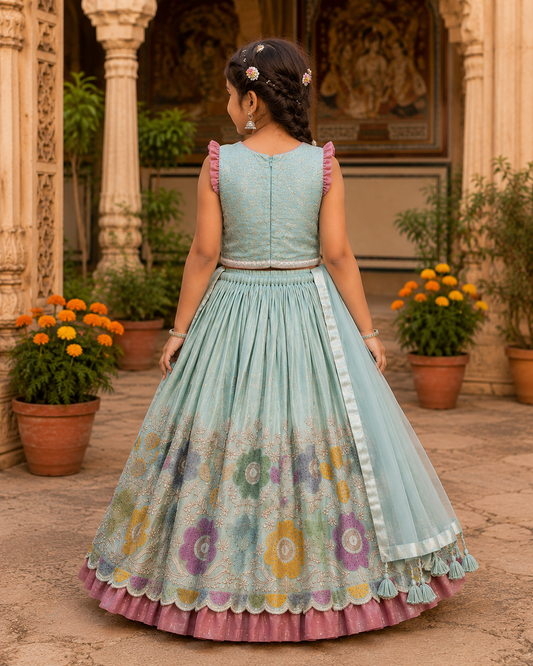 Gorgeous V Neck Top And Shimmery Lehenga With Matching Net Dupatta